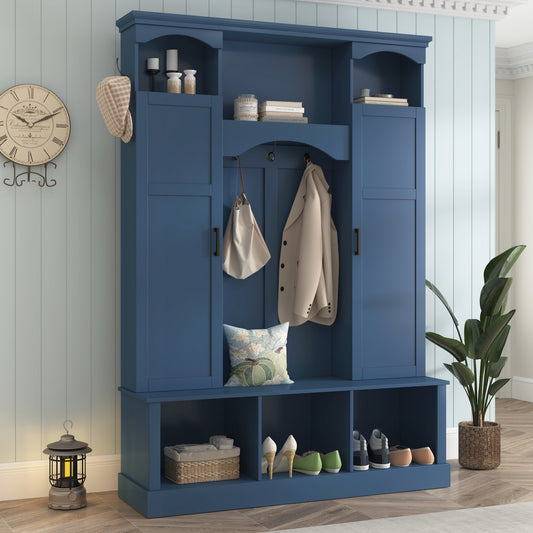 ON-TREND Modern All-in-One Hall Tree with Adjustable Shelves, Classic Arched Farmhouse Storage Bench with Dual Side Cabinets, Elegant Entryway Organizer with 7 Hooks for Mudroom, Hallway, Blue