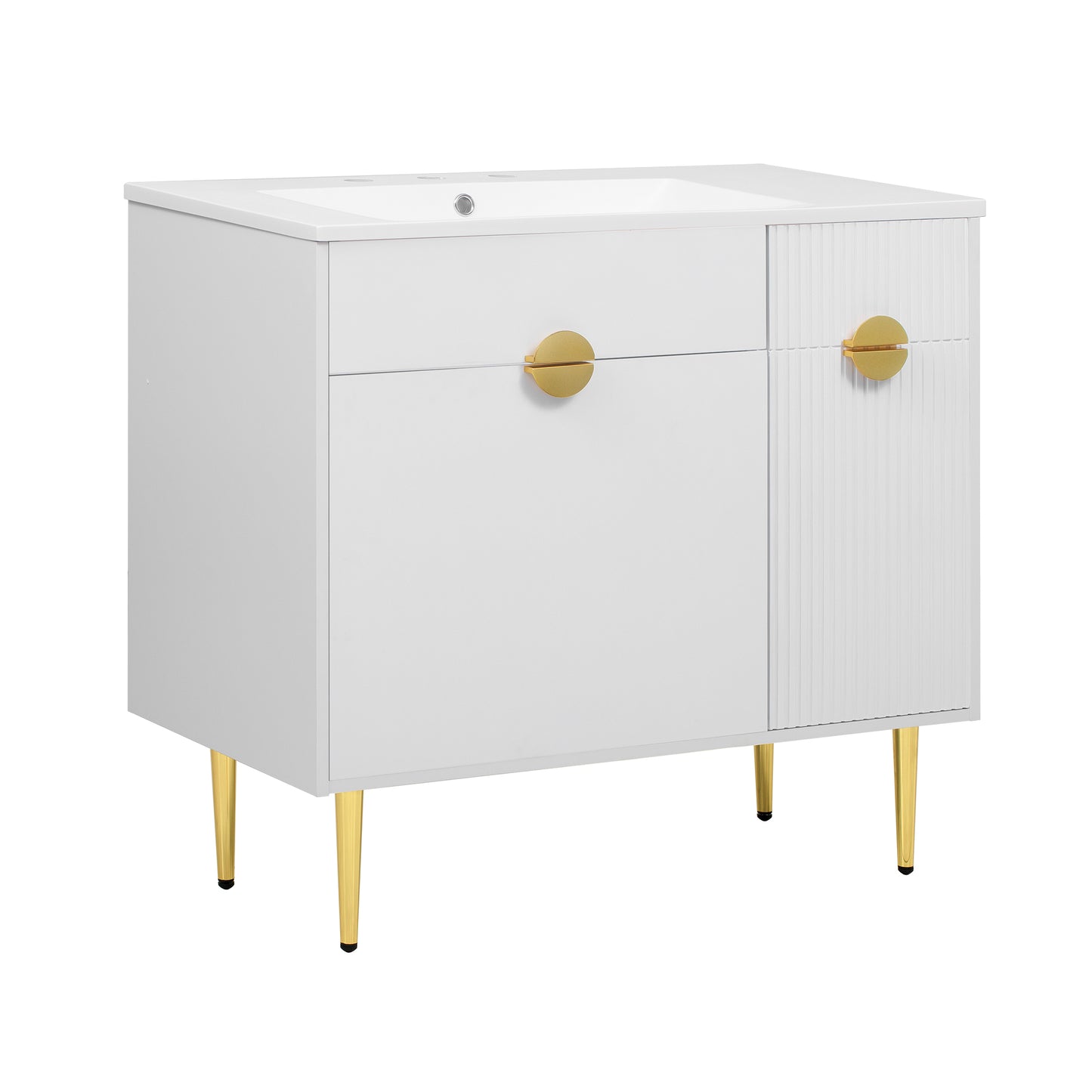 Modern 36' White Bathroom Vanity with Resin Basin Sink, Storage Cabinet featuring Soft-Closing Door and Drop-Down Compartment, Solid Wood and MDF Construction