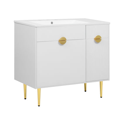 Modern 36' White Bathroom Vanity with Resin Basin Sink, Storage Cabinet featuring Soft-Closing Door and Drop-Down Compartment, Solid Wood and MDF Construction