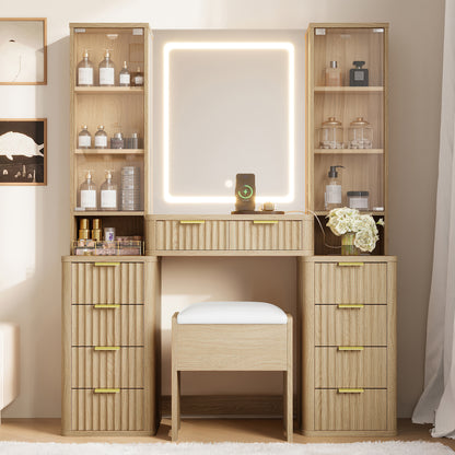 43.5' Fluted Makeup Vanity Desk with Mirror and Lights, Modern Glass Top Vanity Table with 10 Drawers & 2 Transparent Glass Cabinets, Dressing Table Set with Stool and Charging Station, Oak