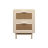 Rattan Nightstand with Wood Finish and 2 Faux Rattan Drawers, Antique Natural Color, Storage Side Table for Bedroom or Living Room