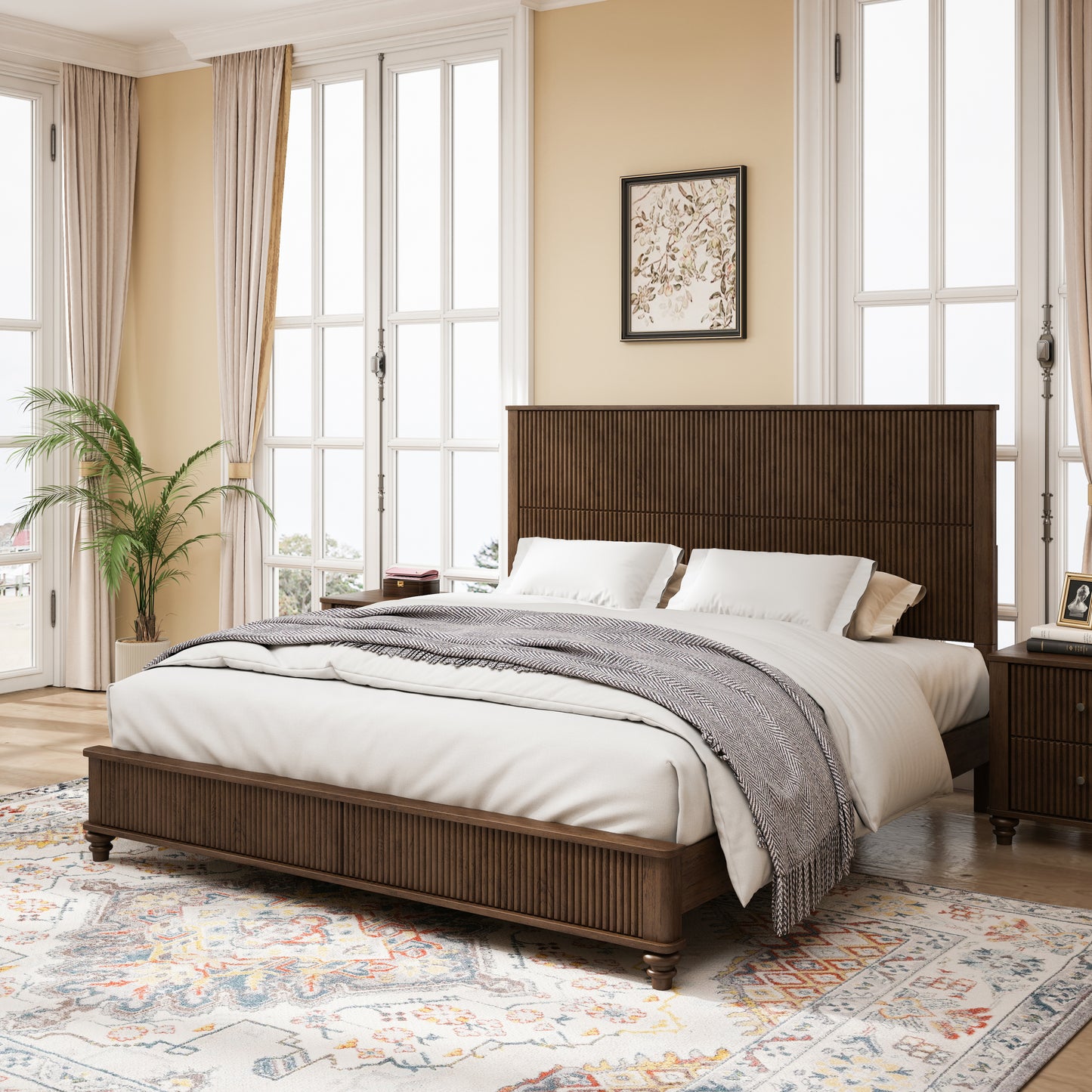 Solid Wood Bed Frame,King Platform Bed Frame with Headboard,Tall Headboard Natural Wood Bed ,No Box Spring Needed,Walnut