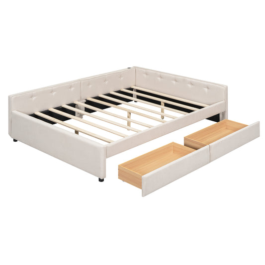 Modern Beige Upholstered Queen Size Platform Bed with USB Ports and 2 Storage Drawers