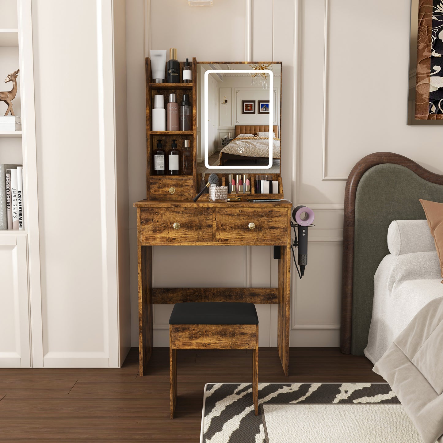 Modern small Vanity Desk ,featuring 3 modes of LED lighting with adjustable brightness, 3 drawers and multiple open storage shelves, a hair dryer holder and power socket, and a dressing chair. brown