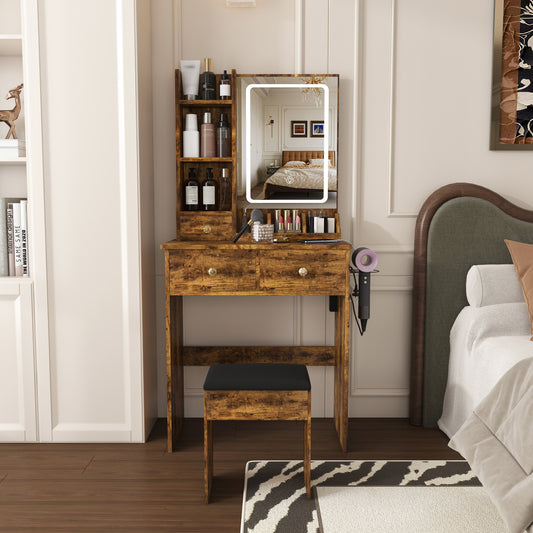 Modern small Vanity Desk ,featuring 3 modes of LED lighting with adjustable brightness, 3 drawers and multiple open storage shelves, a hair dryer holder and power socket, and a dressing chair. brown
