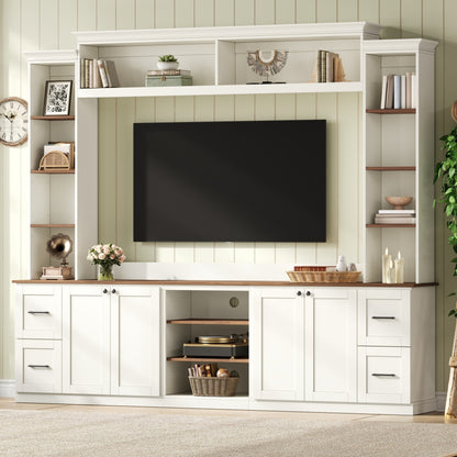4-in-1 Entertainment Center Wall Unit with Bookshelf for TVs Up to 70', Farmhouse Large TV Stand with Walnut Adjustable Shelves, Elegant Retro Media Console with Drawers for Living Room, White
