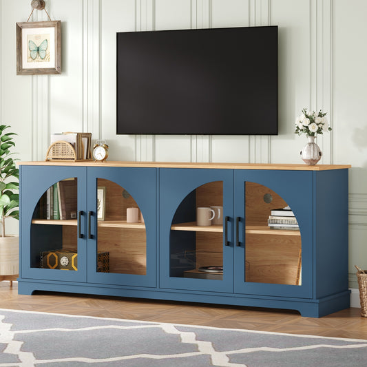 Farmhouse TV Stand with Semi-Arched Glass Doors for TVs Up to 70', Elegant Two-Tone Media Console with Adjustable Shelves, Wood Grain Sideboard with Cable Management for Living Room, Blue+Natural