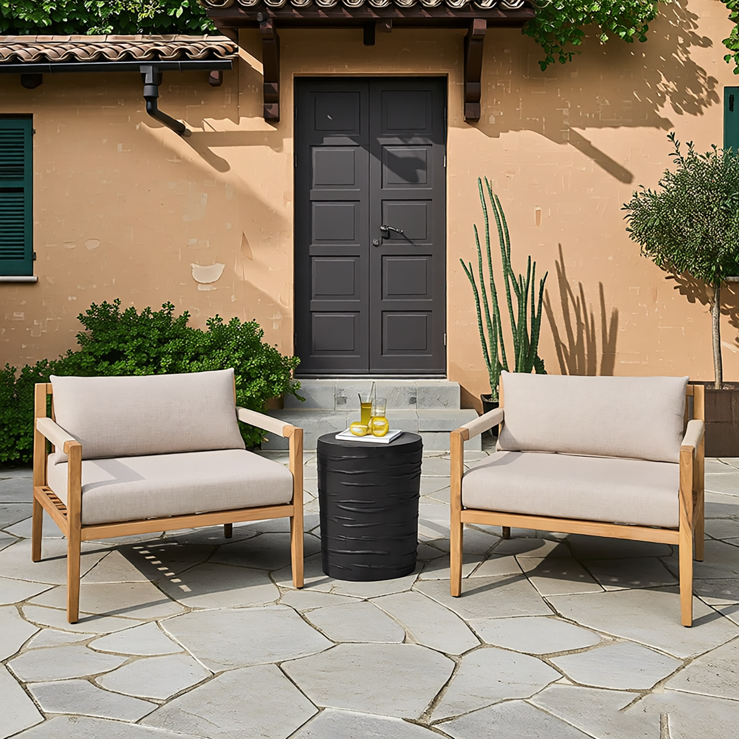 Set of 2 Acacia & Beige Rope Lounge Chairs with Lightweight Concrete Side Table – Black