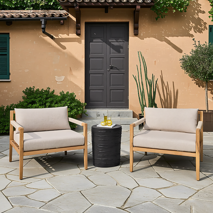 Set of 2 Acacia & Beige Rope Lounge Chairs with Lightweight Concrete Side Table – Black