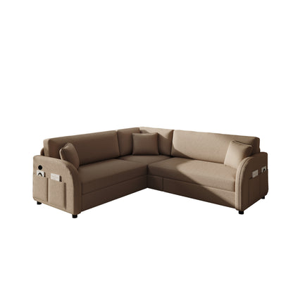 85.1' L-Shaped Sofa Couch with Pull-Out Bed,Oversize Convertible Sleeper Sofa with side Pocket & USB Port,Teddy Upholstered Sectional Couches, for Living Room, Apartment, Office,Brown