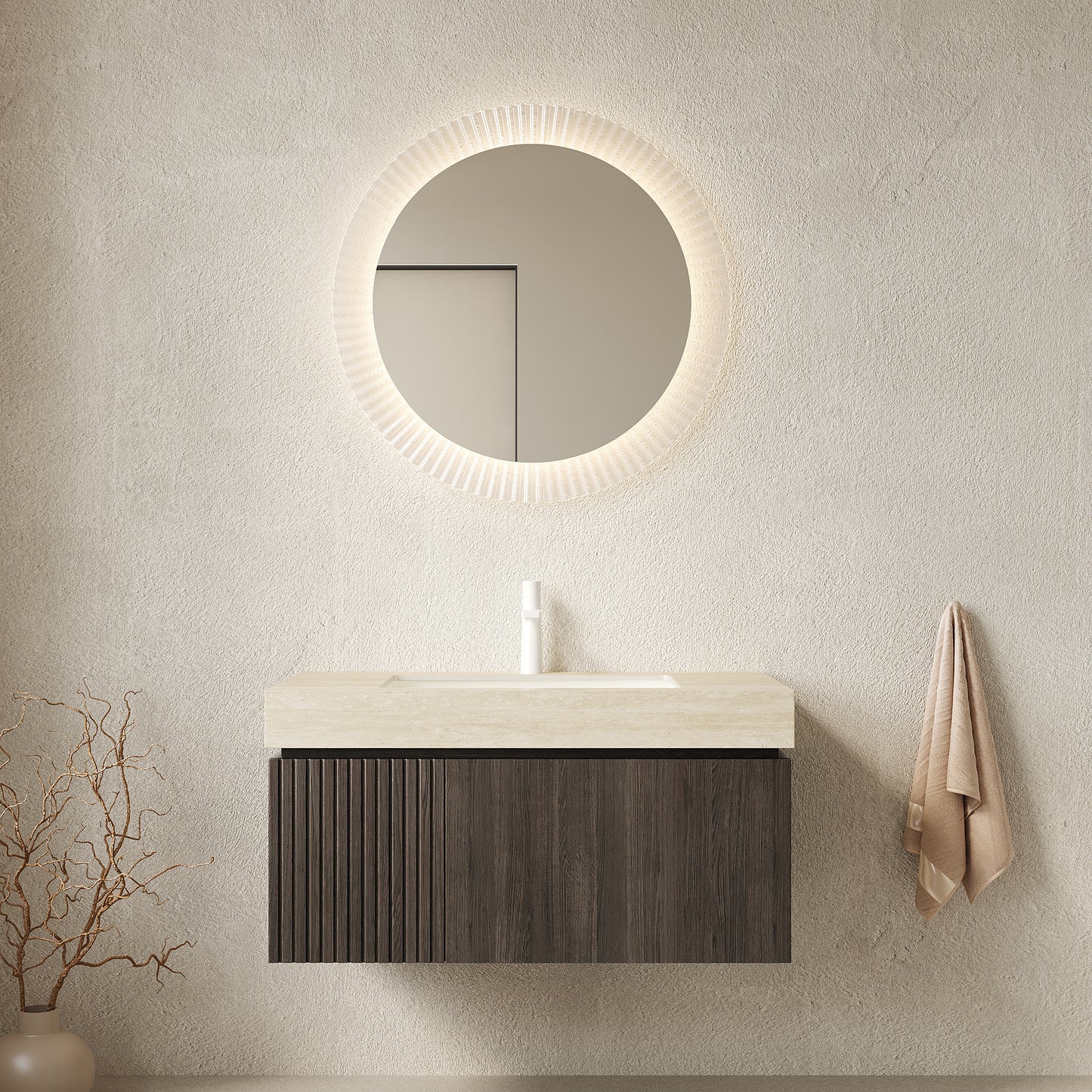 MURI 36' Bathroom Vanity&Sink, Floating Plywood Storage Cabinet with Drawer&Door, Roma Travertine Sintered Stone Top&Ceramic Basin with 1 Pre-drilled Faucet Hole, Pre-assembled, Espresso Woodgrain