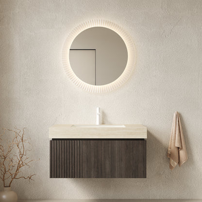MURI 36' Bathroom Vanity&Sink, Floating Plywood Storage Cabinet with Drawer&Door, Roma Travertine Sintered Stone Top&Ceramic Basin with 1 Pre-drilled Faucet Hole, Pre-assembled, Espresso Woodgrain