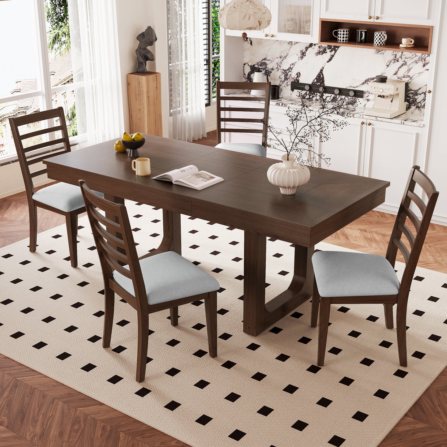 5-Piece Extendable Dining Table Set, Farmhouse Extendable Table with 18' Move Leaf, 78' Rustic Wooden Kitchen Table and 4 piece Upholstered Chairs, Expanding Dining Room Table Set, Walnut + Beige