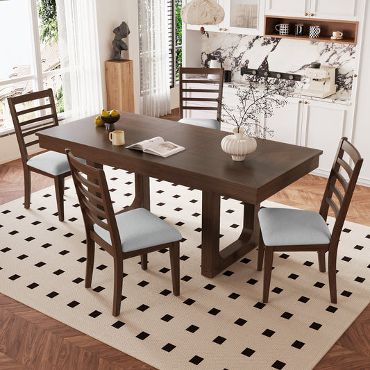 5-Piece Extendable Dining Table Set, Farmhouse Extendable Table with 18' Move Leaf, 78' Rustic Wooden Kitchen Table and 4 piece Upholstered Chairs, Expanding Dining Room Table Set, Walnut + Beige