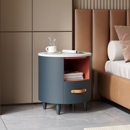 Contemporary & Modern Round Nightstand with Storage Drawer, Sofa End Table with Open Storage Shelf, Bedside Table with Curved Design for Living Room & Bedroom, Easy Assembly, Blue