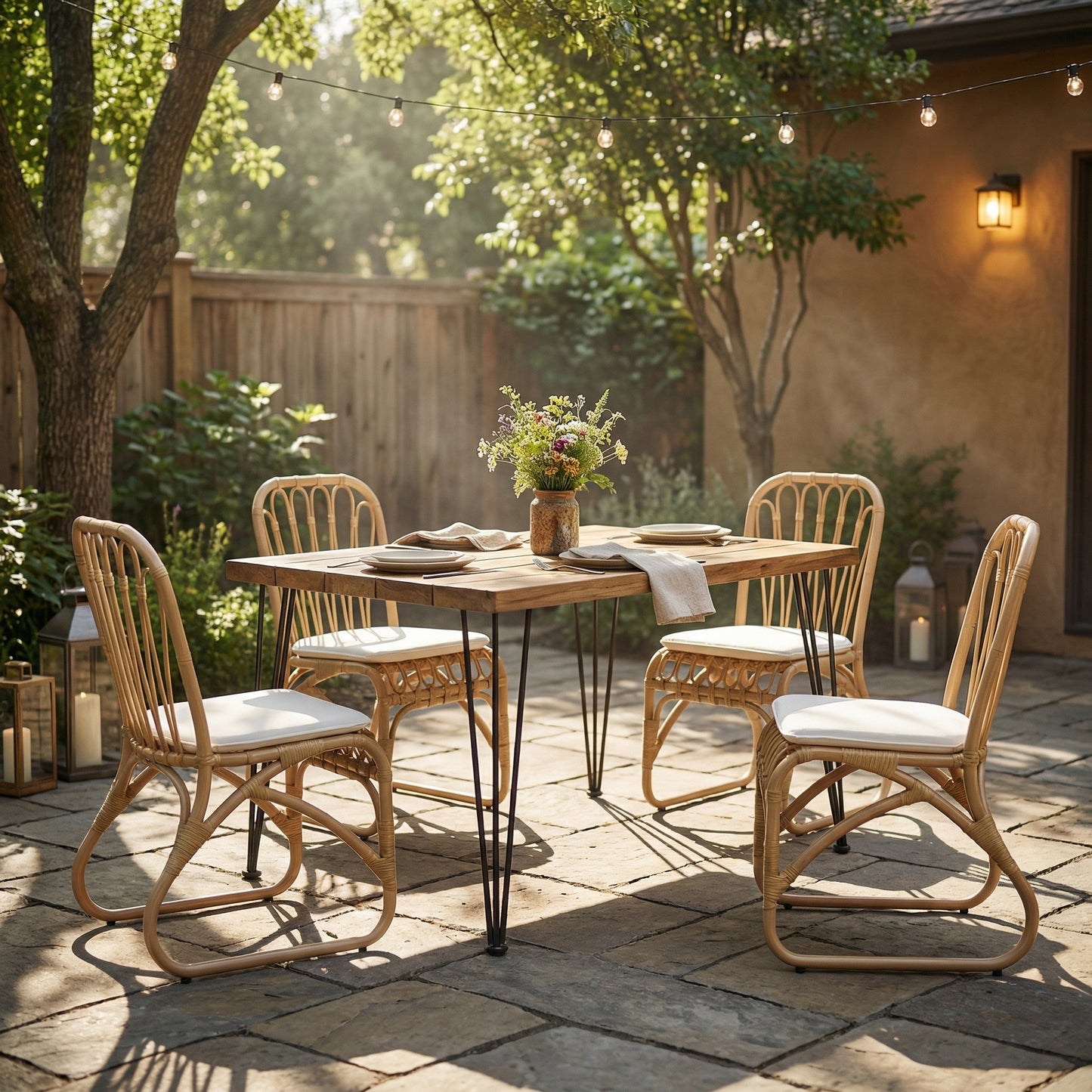 5 PCS Outdoor Dining Set for 4, Square Table with Acacia Wood Top & Rattan Chairs, 32.5'  Modern Furniture Set for Patio, Deck, Backyard, Porch,Teak + Yellow