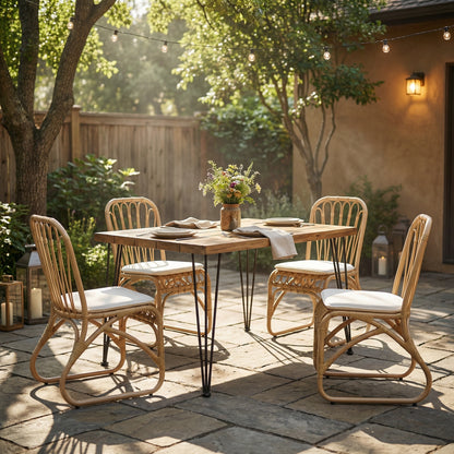 5 PCS Outdoor Dining Set for 4, Square Table with Acacia Wood Top & Rattan Chairs, 32.5'  Modern Furniture Set for Patio, Deck, Backyard, Porch,Teak + Yellow