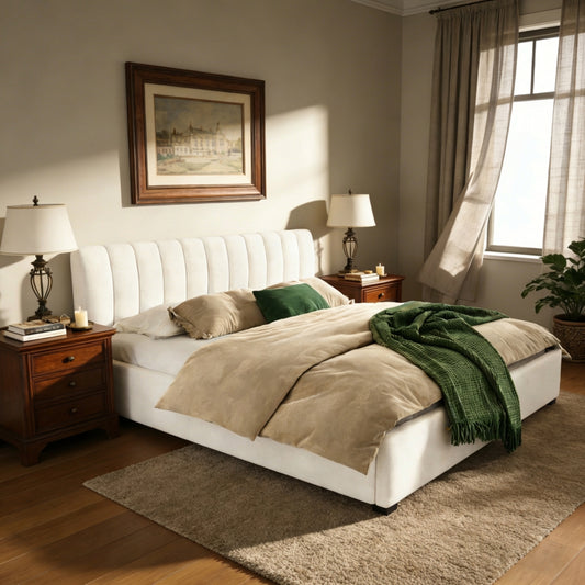 King Size Upholstered Bed Frame With Linen Fabric, Thick Headboard And Solid Wood Legs, Beige
