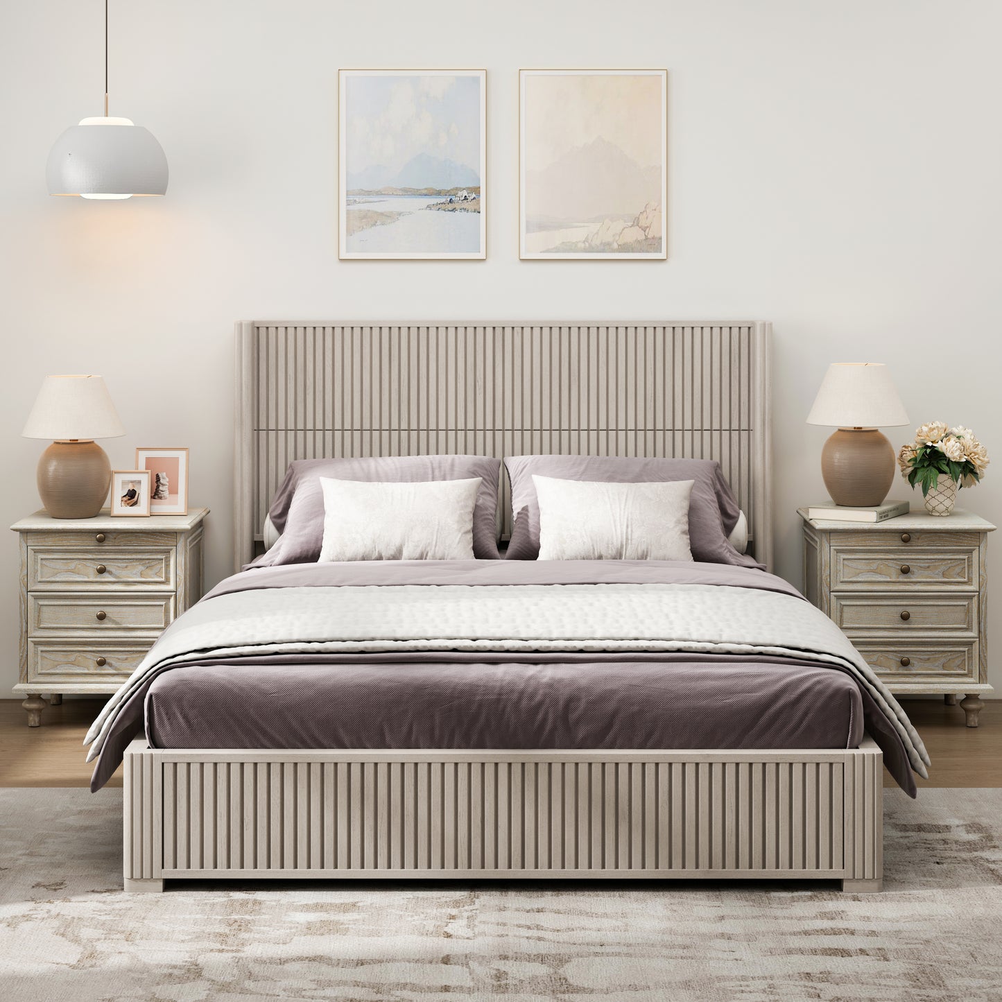 Solid Wood Platform Bed Frame with Headboard, No Box Spring Needed, Floor-standing bed, Easy Assembly, Queen Size, Beige