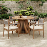 Patio Set Outdoor Acacia Wood Furniture Sets- Braided Dining Chairs(With Cream Cushion)and Patio Dining Table for Garden, Patio & Deck (Teak Look & Beige Rope)