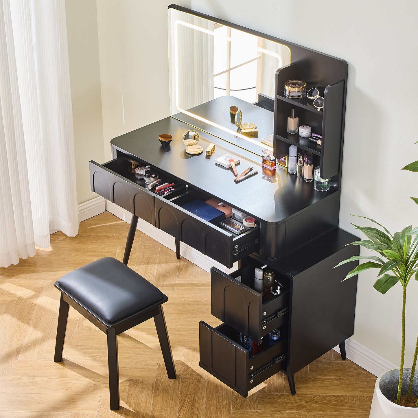 Modern Makeup Vanity Desk with LED Lights & Mirror, 4 Drawer Dressing Table Set with Stool, 3 Colors Dimmable Brightness, Space-Saving for Bedroom, Black