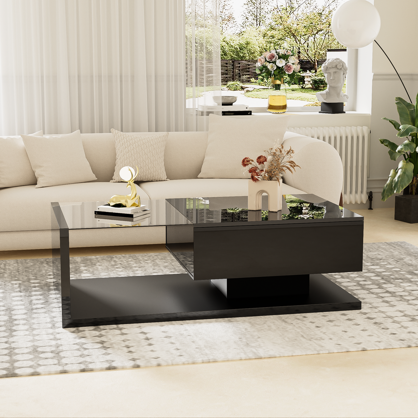 Coffee Table, High-Gloss Black, Side Tables, Coffee Tables with Glass and LED Effect