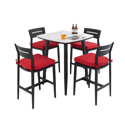 Modern 5PC Outdoor Patio Bar Set, Rounded Square 35.4'' Sintered Stone Table & 4 Aluminum Bar Stools, Ember Black, Greek White Marble-Inspired Top, Tapered Legs, Sunbrella Cushion, Weather-Resistant