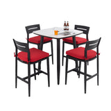 Modern 5PC Outdoor Patio Bar Set, Rounded Square 35.4'' Sintered Stone Table & 4 Aluminum Bar Stools, Ember Black, Greek White Marble-Inspired Top, Tapered Legs, Sunbrella Cushion, Weather-Resistant
