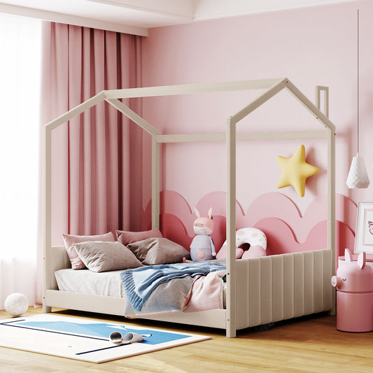 Full Size Velvet House Bed Wood Bed, Beige(Old SKU: LP000126AAA)