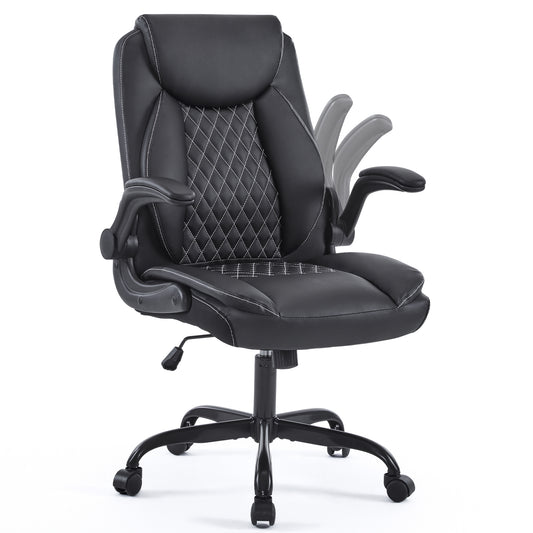 Leather Office Ergonomic Home Office Desk Chair, Back Support Swivel Executive Office Chair with Wheels and Flip-Up Armrests, Small Gaming Chair with Adjustable Rocking Function, Black