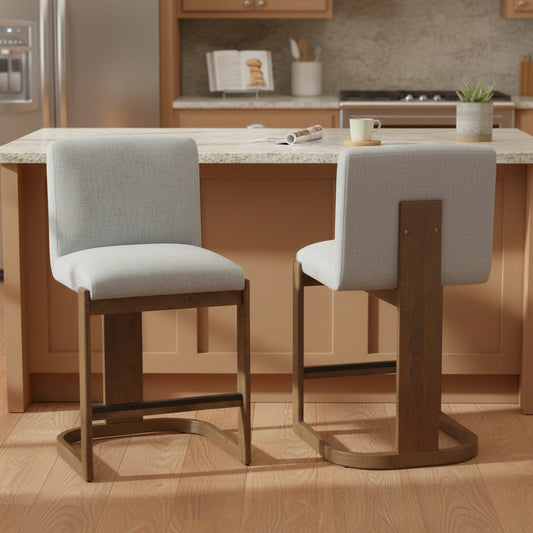 Modern Bar Stools Set of 2, 24' Solid Wood Counter Height Barstools, Linen Upholstered Kitchen Island Chair With Walnut-Finished Wood Legs for Home Bar Coffee Shop,Light Grey