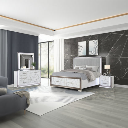 Desire Queen 4-Piece Bedroom Set – LED Upholstered Bed, Marble-Finished Storage, and Metallic Trim for a Sophisticated Contemporary Retreat(CA INVENTORY)