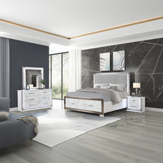Desire Queen 4-Piece Bedroom Set – LED Upholstered Bed, Marble-Finished Storage, and Metallic Trim for a Sophisticated Contemporary Retreat(CA INVENTORY)