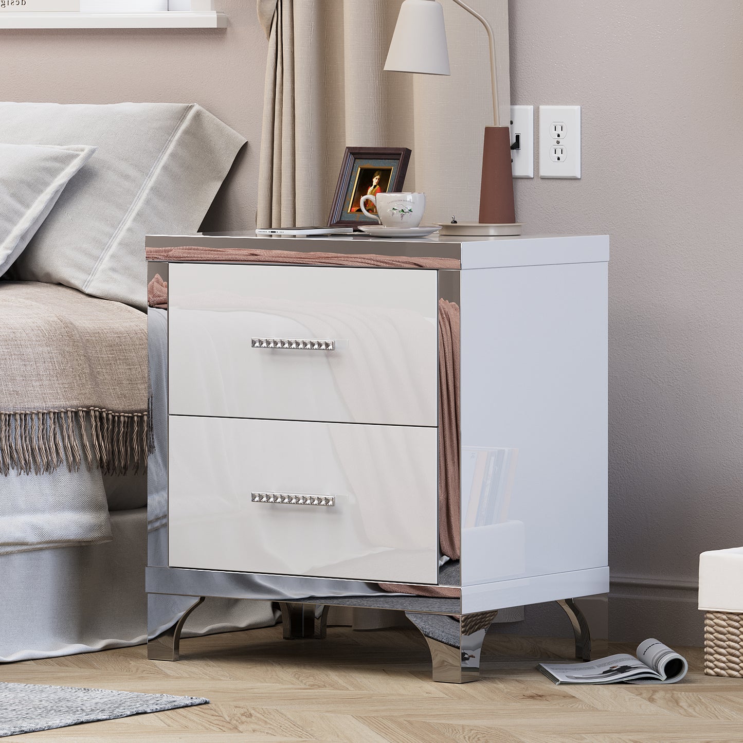 High Gloss Mirrored Nightstand with 2 Drawers,Modern End Table with Drawers,Mirrored High Gloss Wood Nightstand Metal Handle Bedside End Table for Bedroom, Dorm,Living Room,White