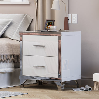 High Gloss Mirrored Nightstand with 2 Drawers,Modern End Table with Drawers,Mirrored High Gloss Wood Nightstand Metal Handle Bedside End Table for Bedroom, Dorm,Living Room,White