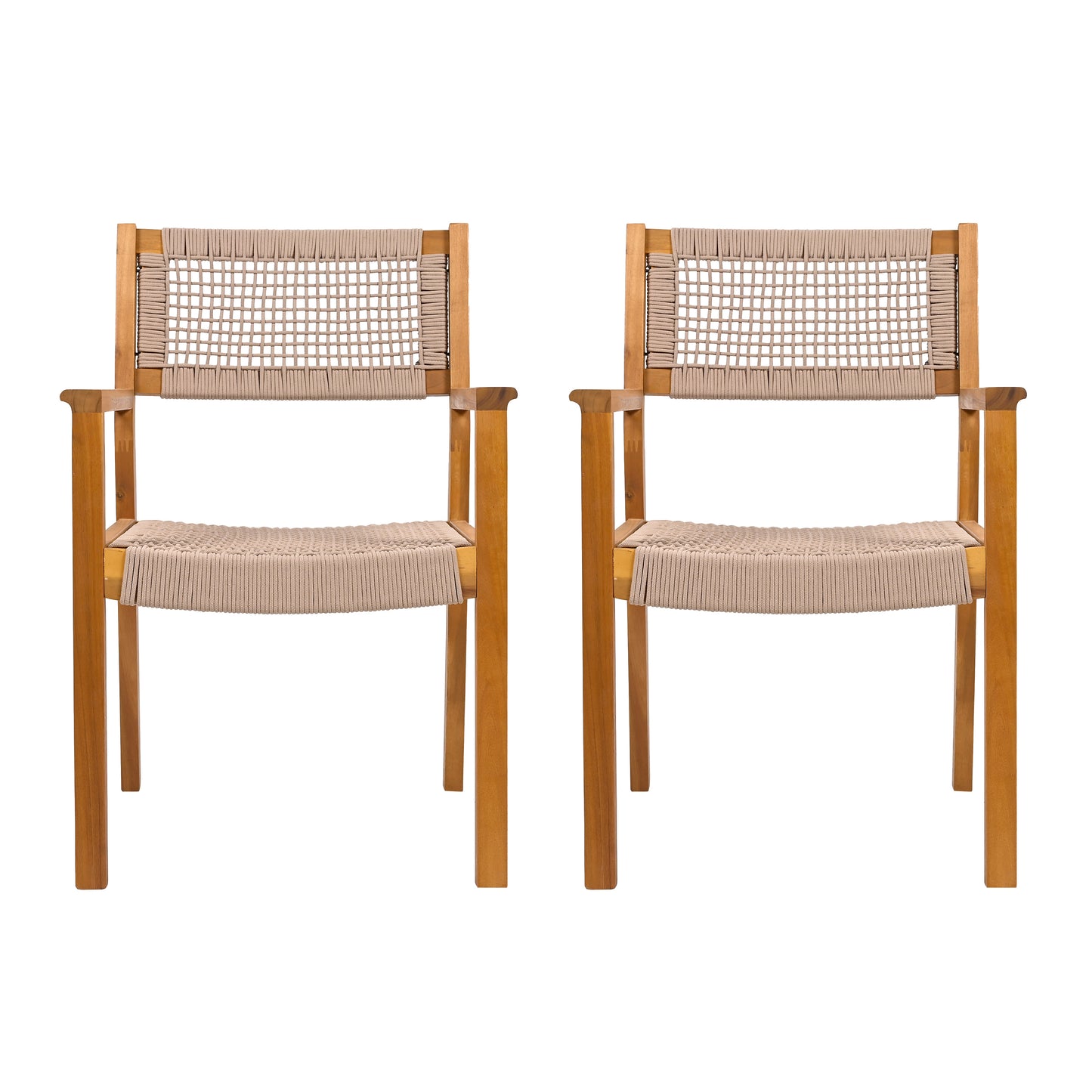 Outdoor Dining Chair Set of 2, Patio Chairs, Teak Acacia Wood, Light Brown Rope