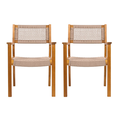 Outdoor Dining Chair Set of 2, Patio Chairs, Teak Acacia Wood, Light Brown Rope