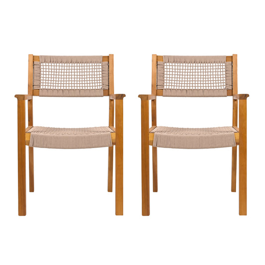 Outdoor Dining Chair Set of 2, Patio Chairs, Teak Acacia Wood, Light Brown Rope