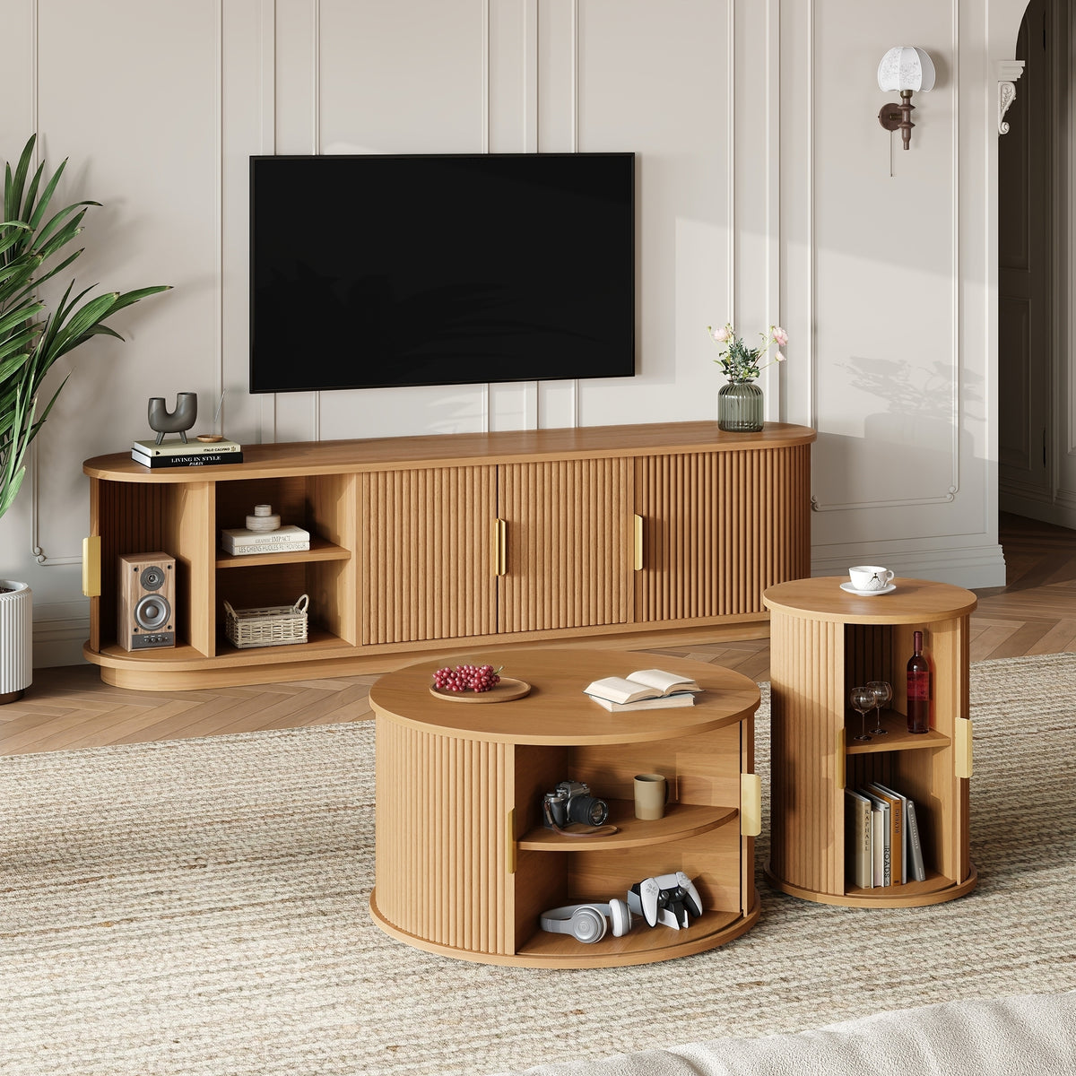 [Assembly Video]Wooden TV Stand & Coffee Table Set with Fluted Sliding Door for TVs up to 75', Golden Handles Media Console with Cable hole, Farmhouse Round Center Table for Living Room, Natural, Teak