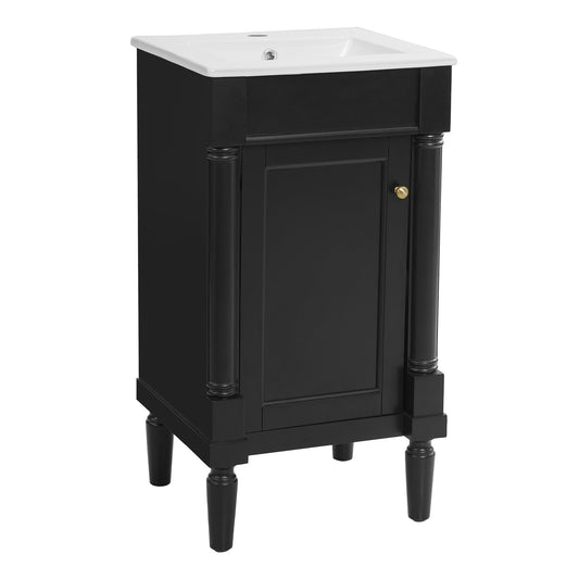 French Style Bathroom Cabinet with Ceramic Sink, Adjustable Shelf, Soft-Closing Hinges, Black Finish, MDF and Solid Wood Construction, 18''