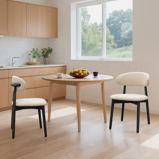 Beige Cotton-Linen Fabric Upholstered Dining Chair with Black Solid Wood Legs, Armless Chair Set of 2 for Kitchen, Restaurant, Living, Meeting Room