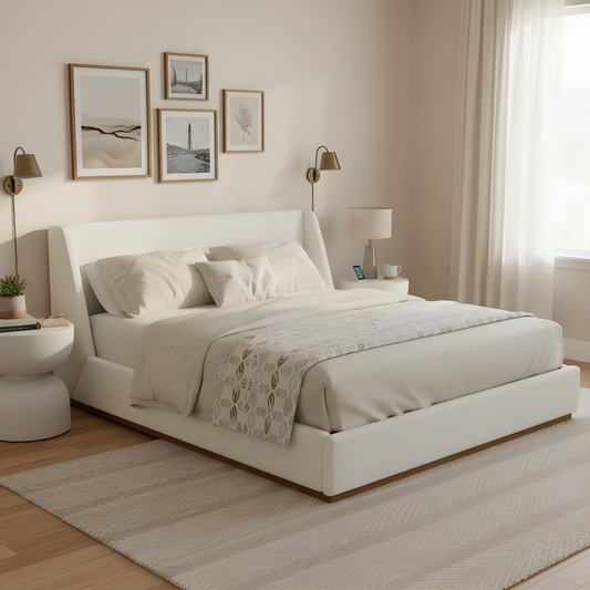 Luxury upholstered bed with wings, White, King