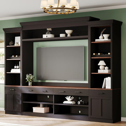 Farmhouse 4-Piece Entertainment Center with Bookshelf for TVs Up to 70', Walnut TV Stand with Adjustable Shelves, Mid-Century Media Console with Wine Rack for Living Room, Black(OLD SKU: N721S000046B)