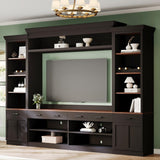 Farmhouse 4-Piece Entertainment Center with Bookshelf for TVs Up to 70', Walnut TV Stand with Adjustable Shelves, Mid-Century Media Console with Wine Rack for Living Room, Black(OLD SKU: N721S000046B)