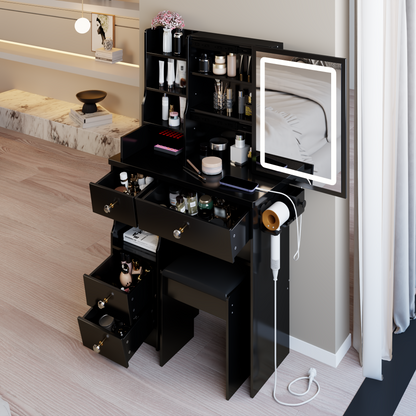 29.2' Small Size Drawer Desktop Vanity Table + Cushioned Stool, 2 AC+2 USB Power Station, Hair dryer bracket, Extra Large Touch Control Sliding LED Mirror, 3-color Switching, EPA, GCC, UL Certificate