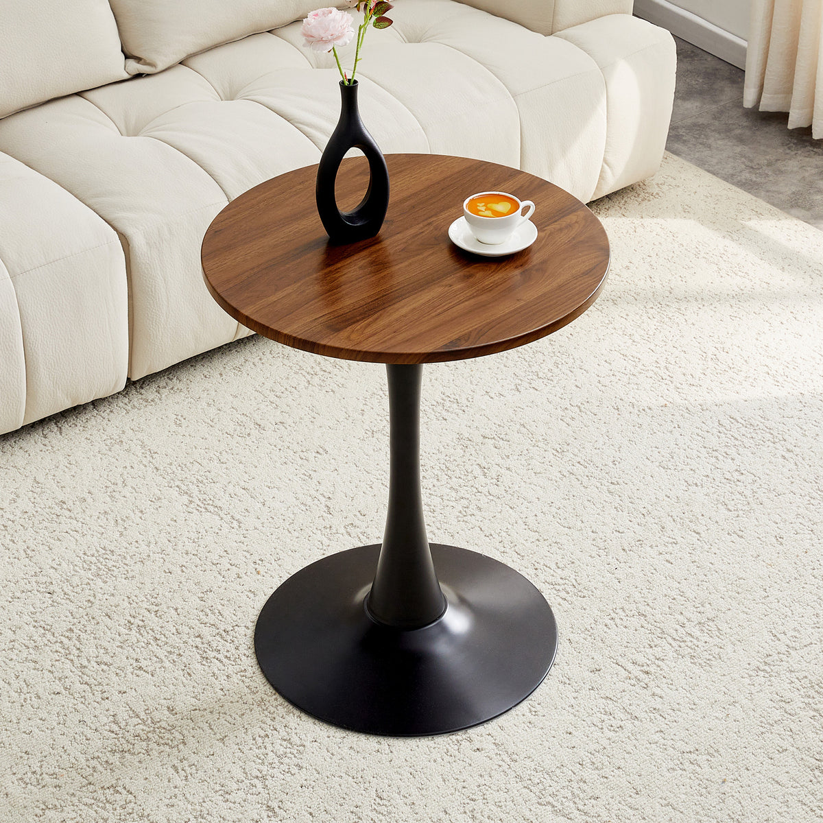 Round Dining Table, 23.6' Circle Tulip Table with Thickened Tabletop & Metal Pedestal, Mid Century Modern Bistro Table for Kitchen, Small Places, Living Room, Cafe (Faux Walnut)