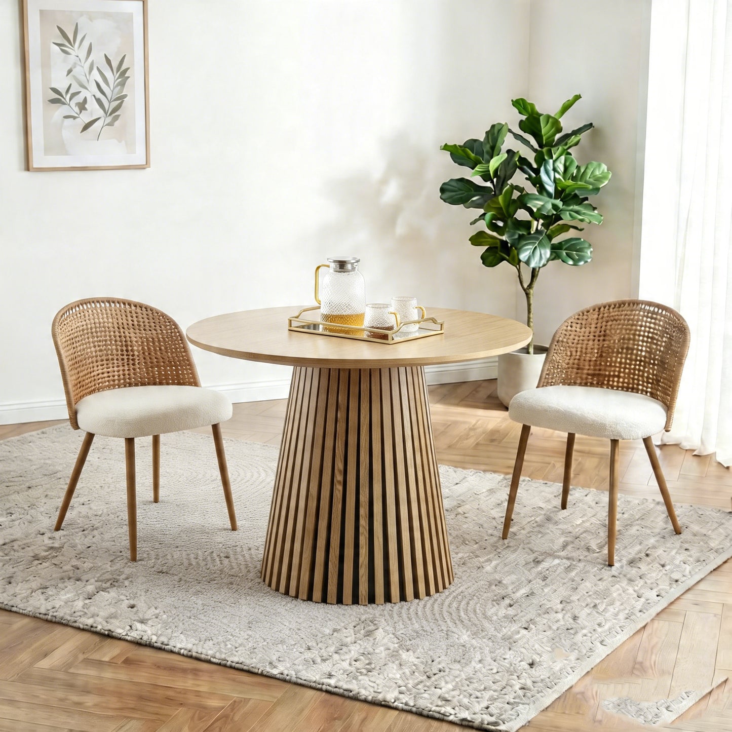 Round wooden dining table + 2 brown wicker dining chairs in Bohemian medieval style with soft beige sponge cushions