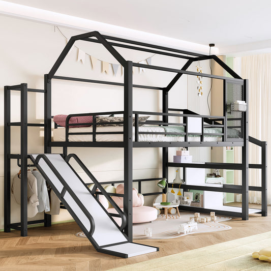 Full House Loft bed with Slide and Stairs, Metal Playhouse Bed with Storage Shelves, House-shaped Roof and Noise-free Design, Black