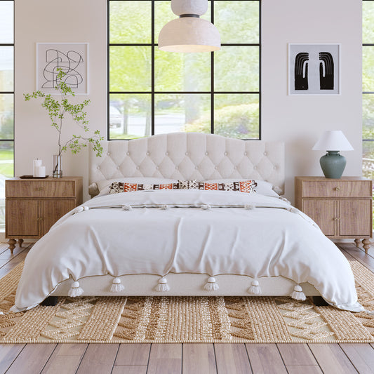 Upholstered Platform Bed with Saddle Curved Adjustable Headboard and Diamond Tufted Details,Wooden Slats and Metal Support, No Box Spring Needed,King, Beige(Old SKU:WF294420AAA)