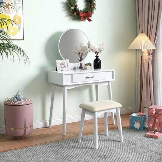 Maly Contemporary Wood Vanity and Stool Set, White